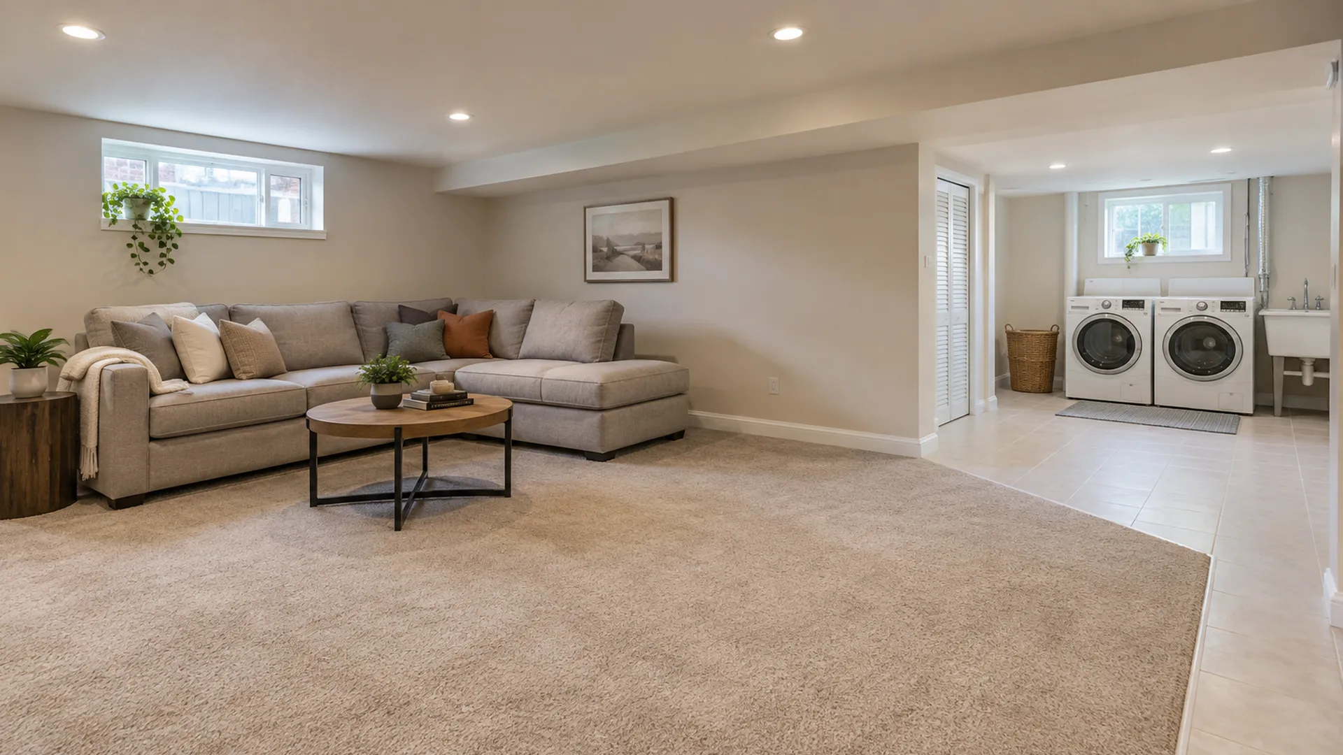 A Queens basement family room with new carpet