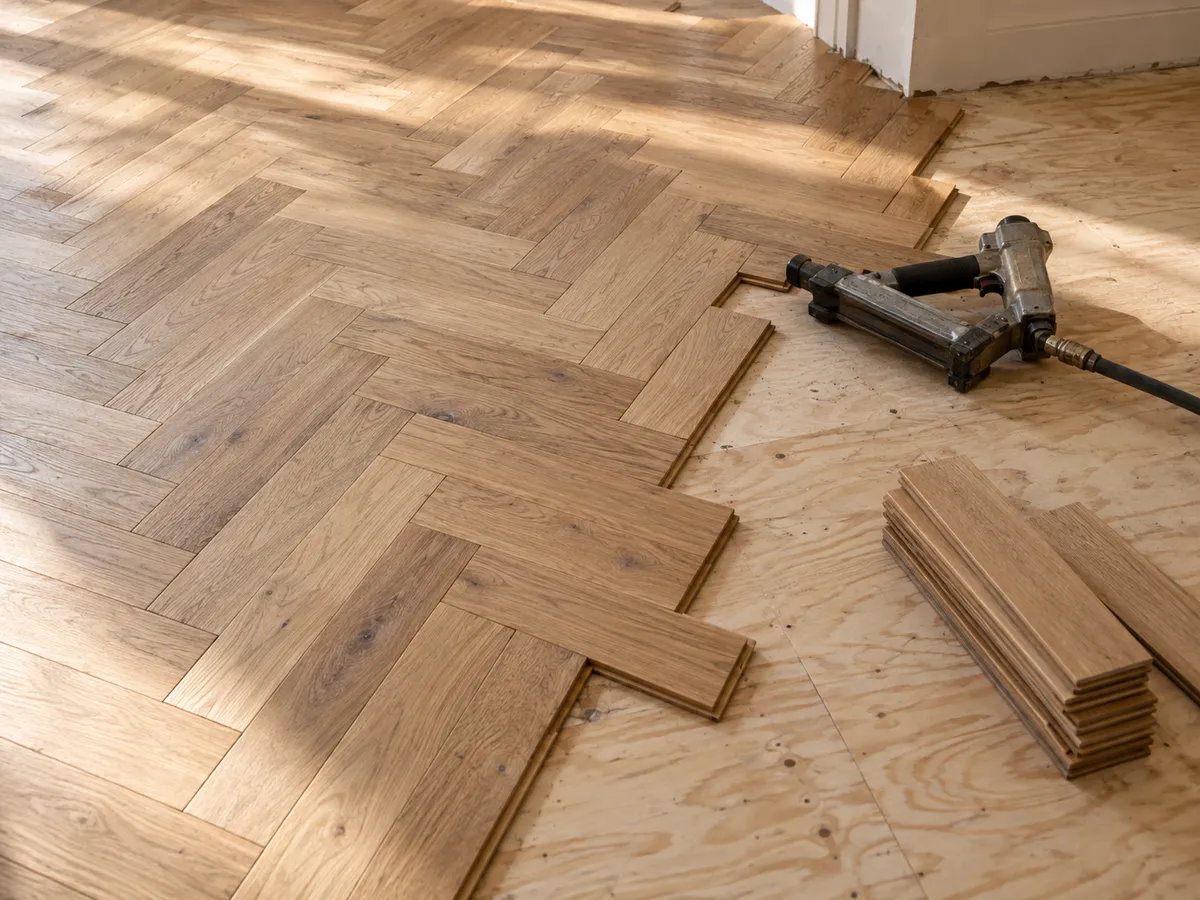 Oak boards being laid in a herringbone pattern on a plywood subfloor