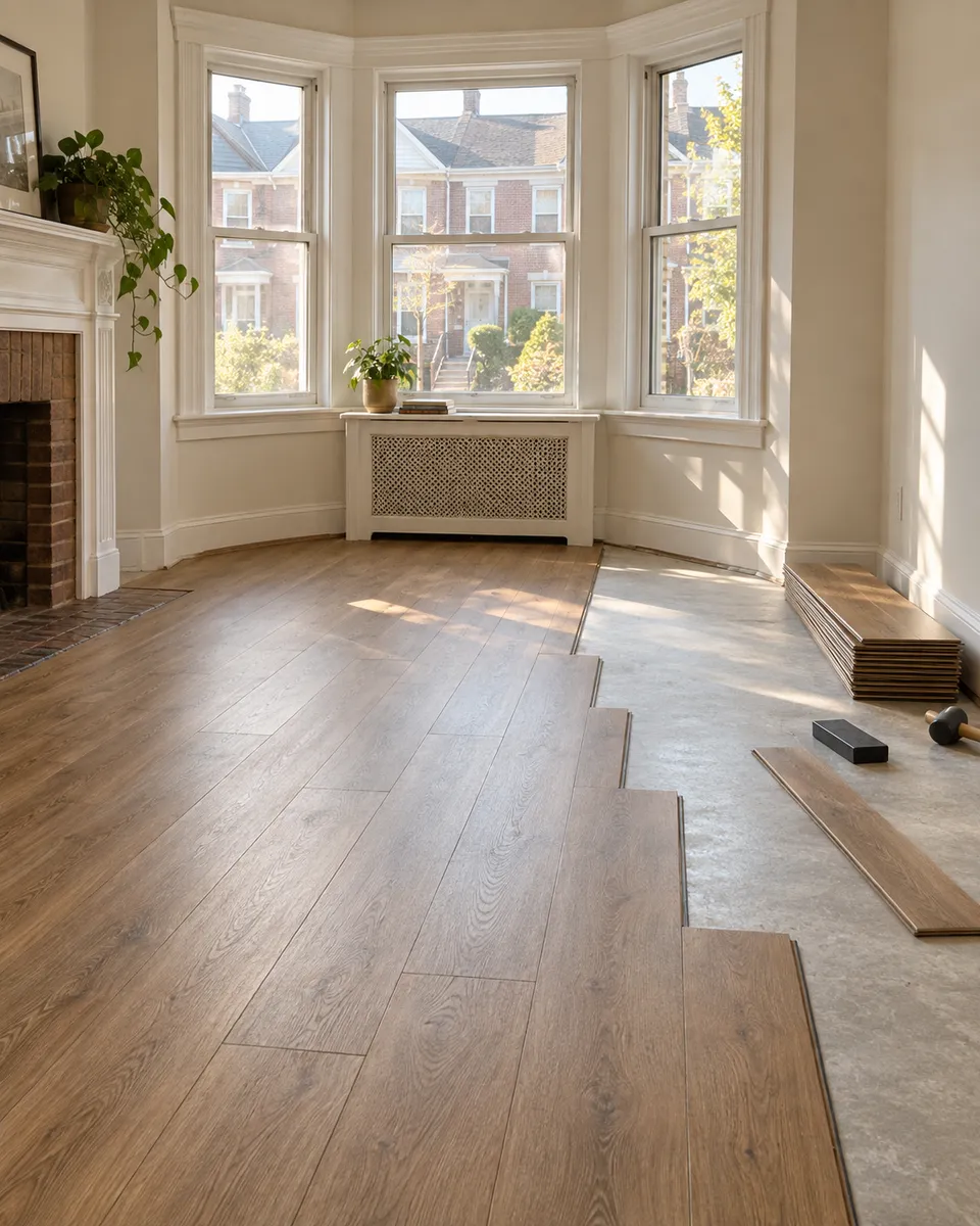 A Queens house living room part way through a new plank floor